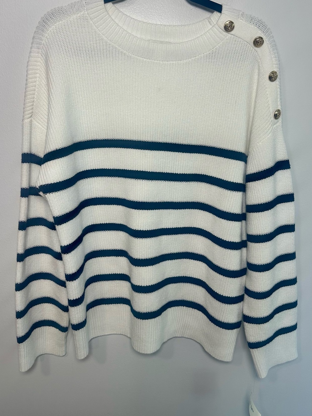 Crewneck Striped Button-Shoulder Sweater - White & Navy